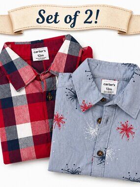 NWT Carter’s Baby Boy Button Down Shirts 12M Patriotic 4th of July - 2 PACK